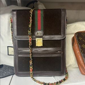Gucci Dark Brown Leather Messenger Bag with Green and Red Stripe